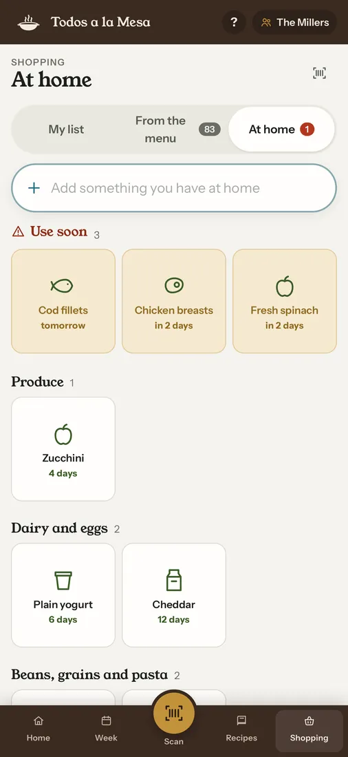 At home: cod fillets to use tomorrow, chicken breasts and spinach in two days, and the fridge by aisle