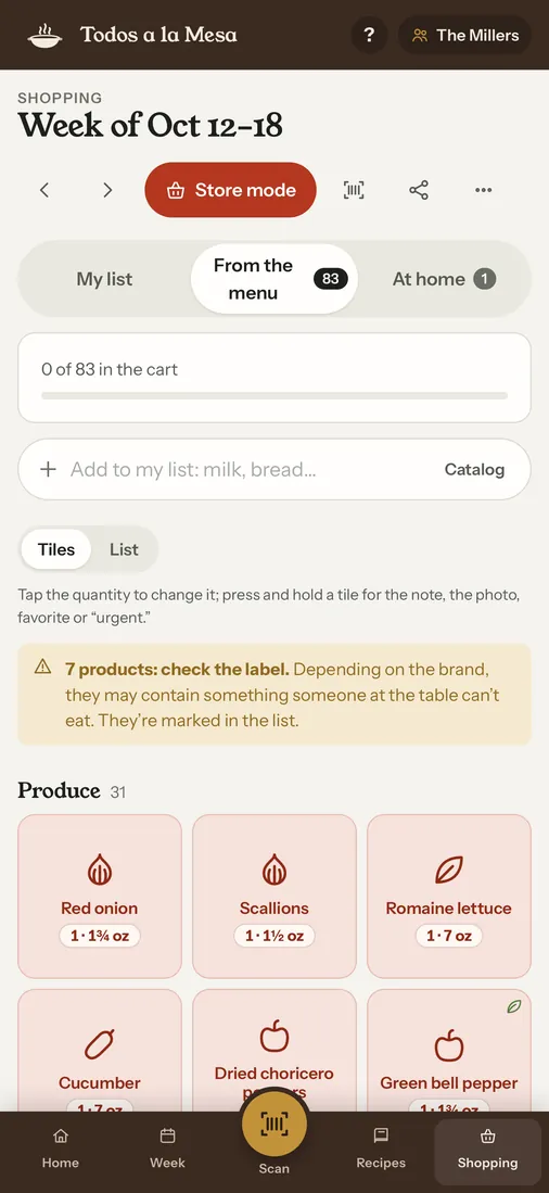The shopping list by aisle, in ounces, with a note to check the label on seven products