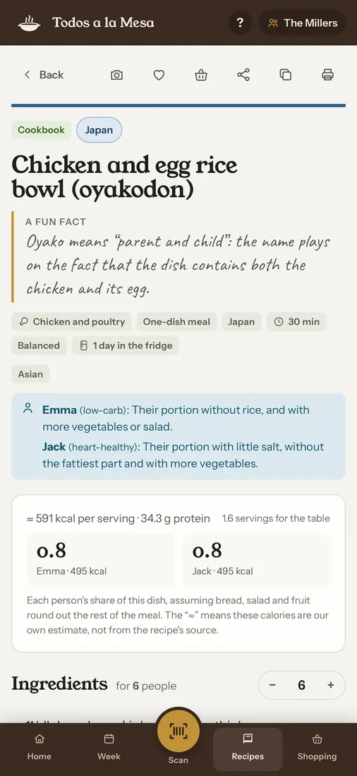 A recipe, chicken and egg rice bowl, with its fun fact and how to adjust the portion for someone on a diet