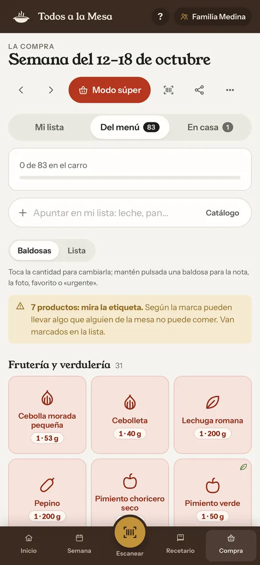 La lista de la compra por secciones, con el aviso de mirar la etiqueta