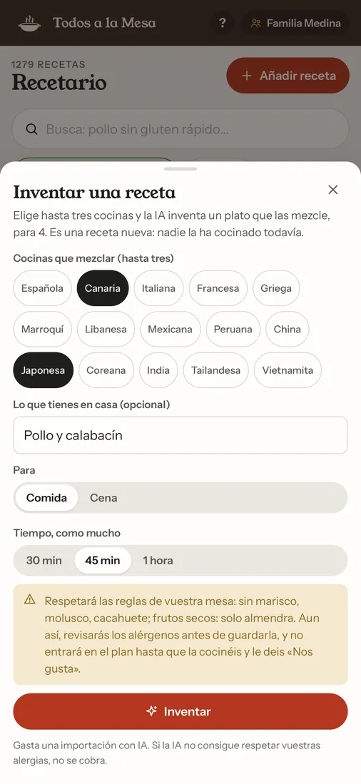 El creador de recetas con IA: cocinas, lo que hay en casa y el tiempo disponible