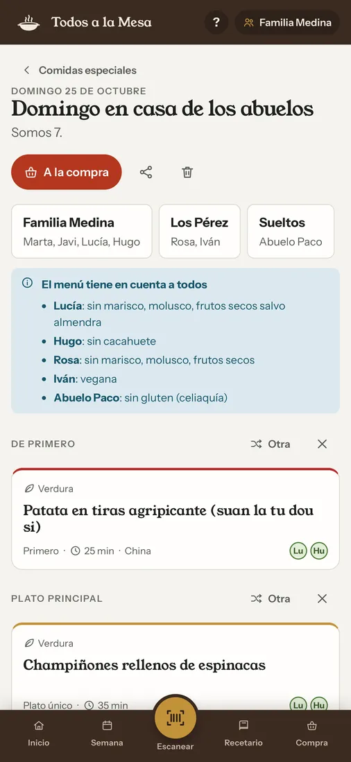 Una comida especial con varias familias y un menú que tiene en cuenta a todos